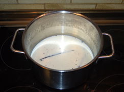 Die Milch mit dem Zucker und der Vanille aufkochen und ziehen lassen.